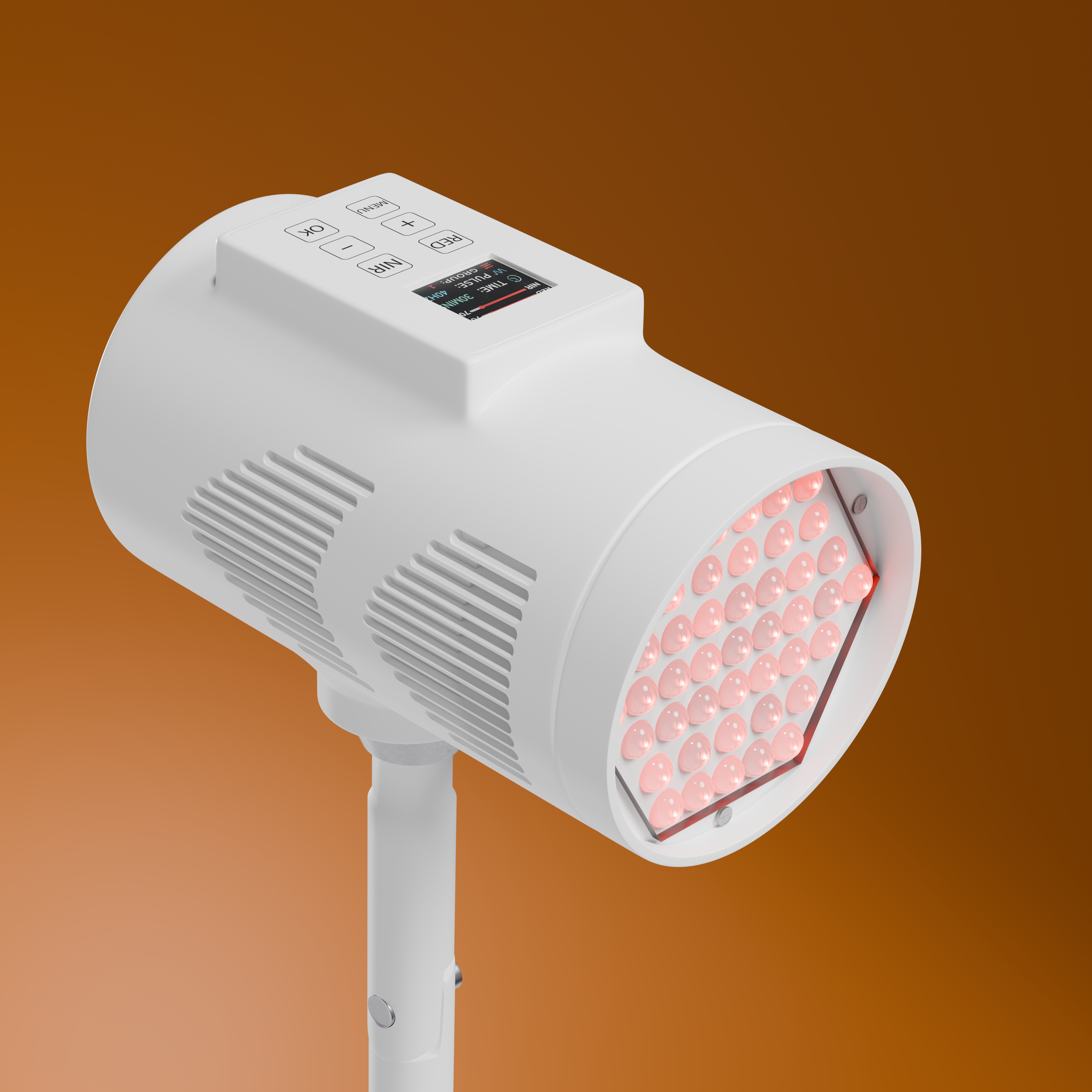 White BioLight Beam tilted upward, showing the lit LED array and control panel